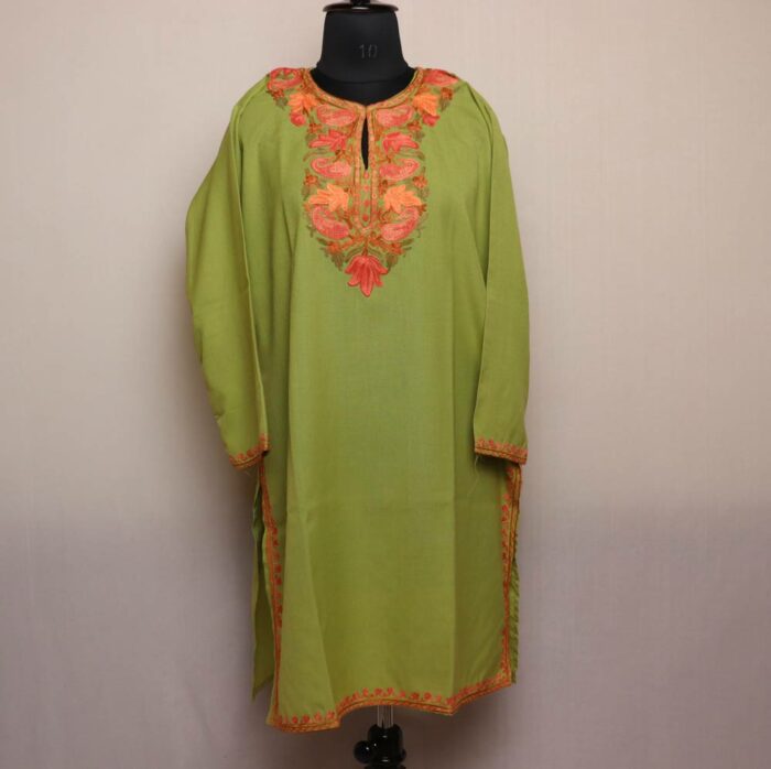 Green Summer Cotton Kurta with Kashmiri Aari Embroidery