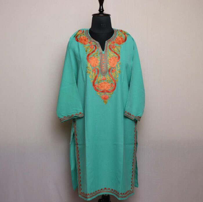 Sea Green Summer Cotton Kurta with Kashmiri Aari Embroidery