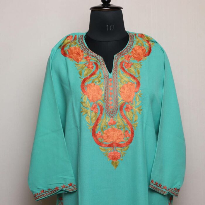 Sea Green Summer Cotton Kurta with Kashmiri Aari Embroidery - Image 2