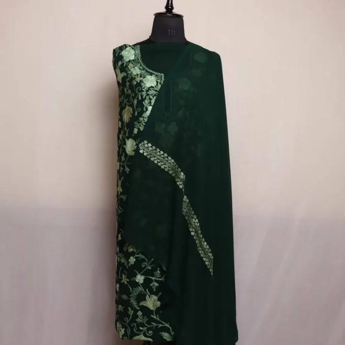 Dark Green Georgette 3 Piece Suit With Aari Work