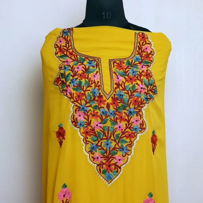 Sunny Yellow Kashmiri Georgette Ladies Suit: Unstitched with Aari and Zari Embellishments - Image 2