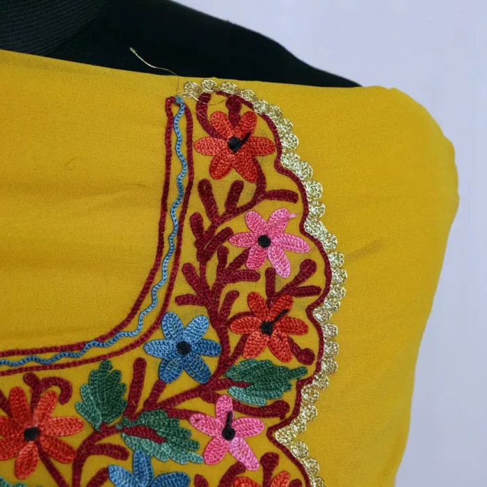 Sunny Yellow Kashmiri Georgette Ladies Suit: Unstitched with Aari and Zari Embellishments - Image 3