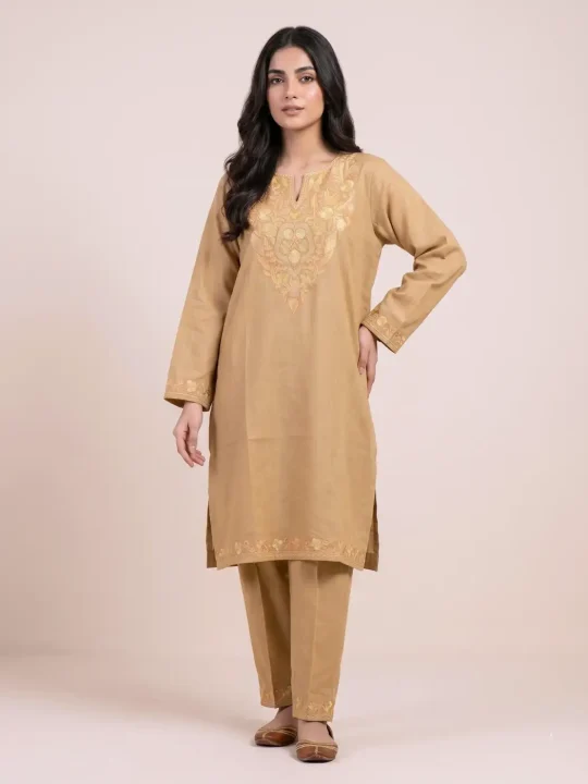 Beige Shabana Kashmiri Summer Co-ord Set with Aari Work
