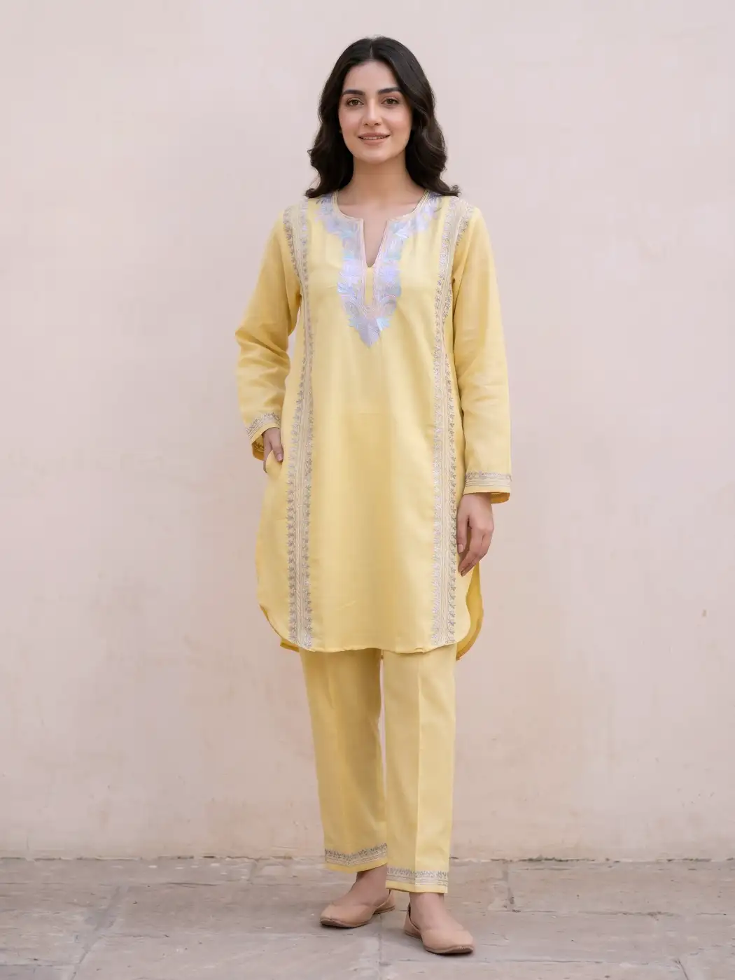 Yellow Shabana Kashmiri Summer Co-ord Set with Aari Work