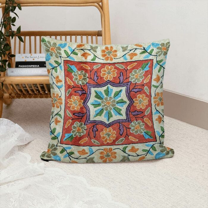 Pair of Yamin Handmade Kashmiri Chainstitch Pillow Cover 40x40cm