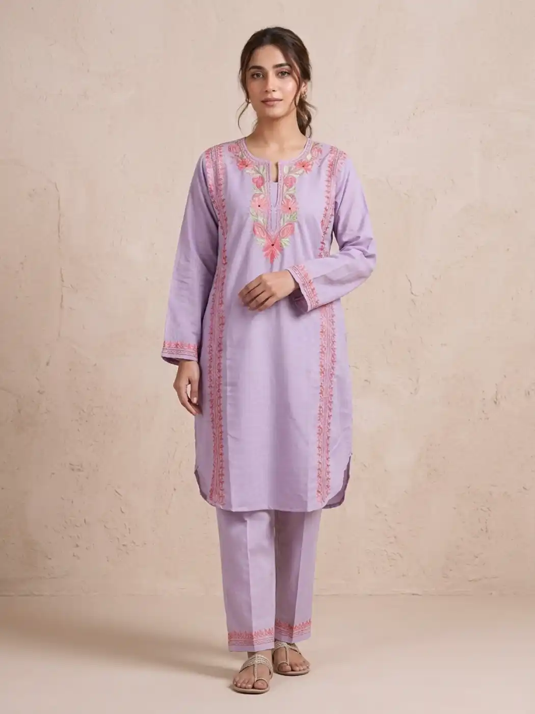 Lavender Kashmiri Summer Co-ord Set with Aari Work