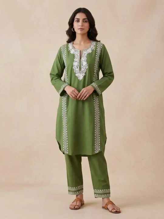 Dark Green Kashmiri Co-ord Set with Aari Work