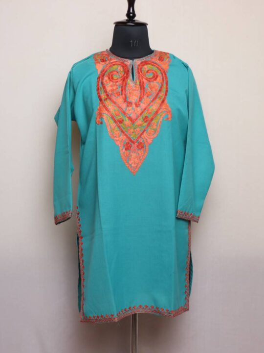 Oceanic Green Summer Cotton Kurta with Kashmiri Aari Embroidery