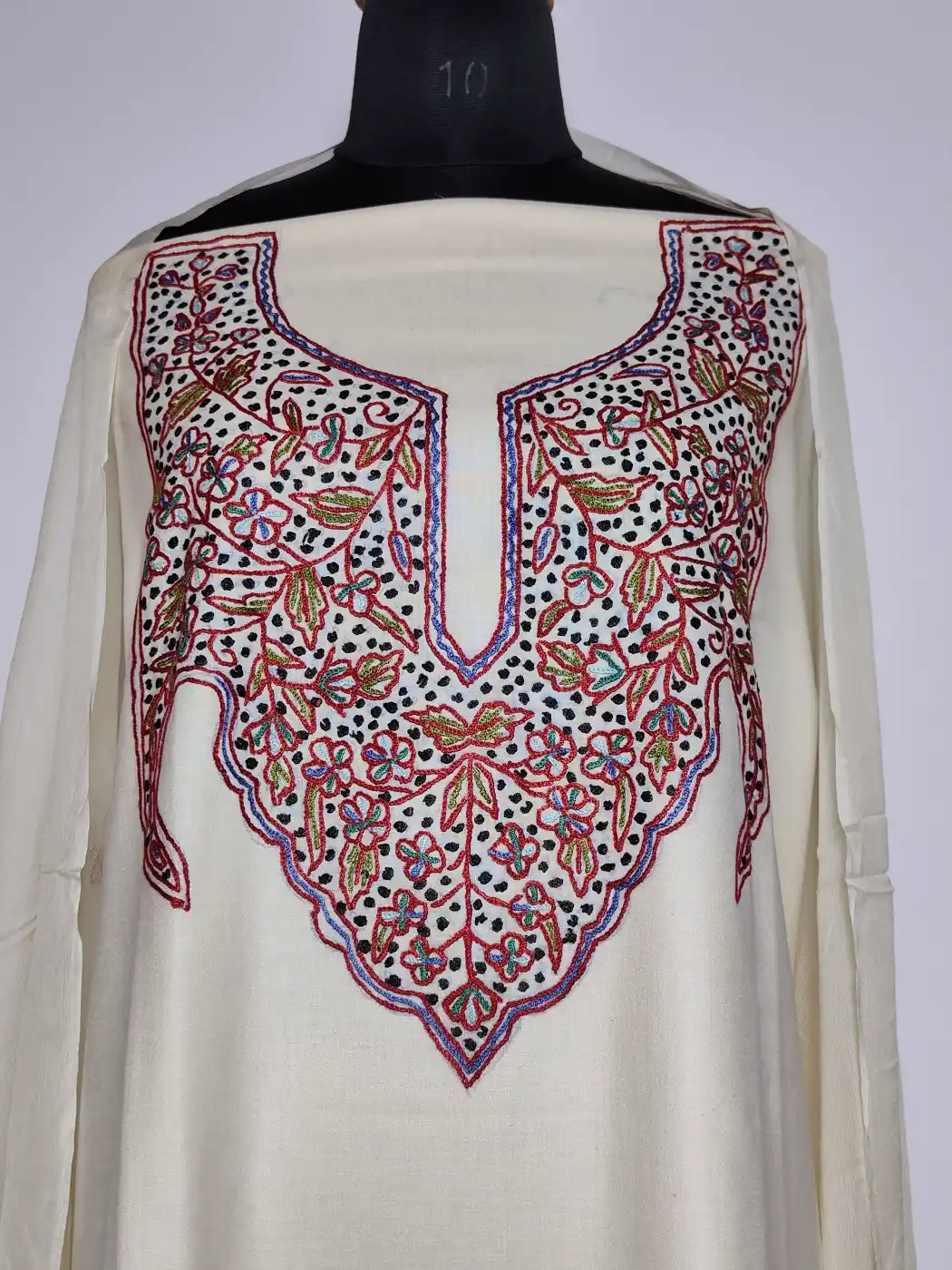 White Kashmiri Aari Handwork Cotton Suit with Dupatta - Image 2