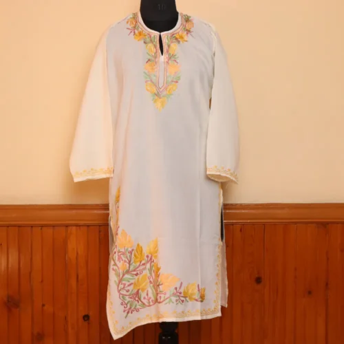 White Imaan Kashmiri Summer Kurti with Beautiful Aari Naal and Daman Work