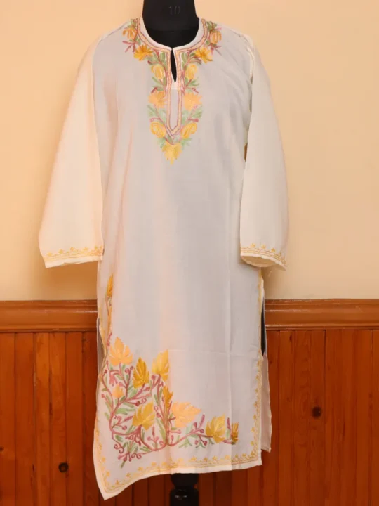 White Imaan Kashmiri Summer Kurti with Beautiful Aari Naal and Daman Work