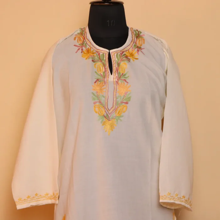 White Imaan Kashmiri Summer Kurti with Beautiful Aari Naal and Daman Work - Image 2