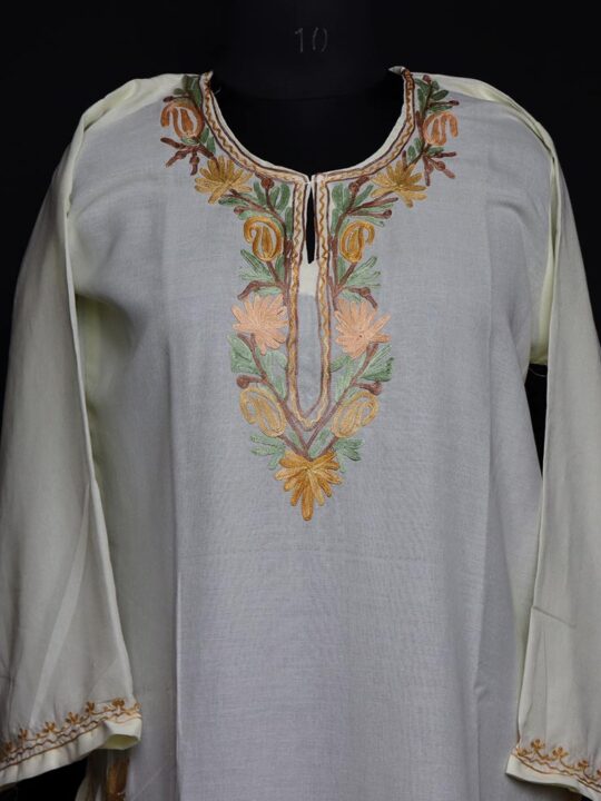 Light yellow Imaan Kashmiri Summer Kurti with Beautiful Aari Naal and Daman Work