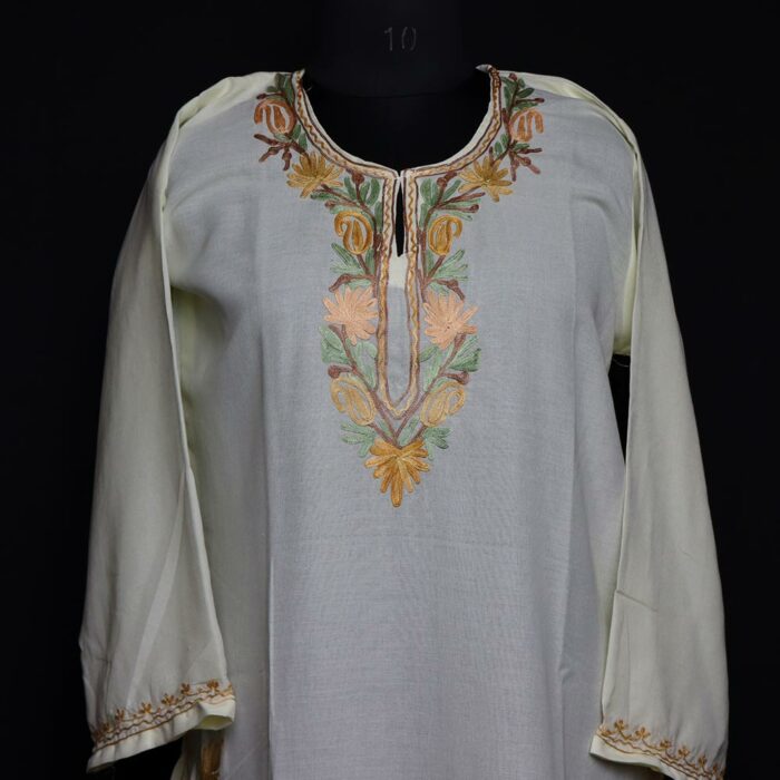 Creamy Imaan Kashmiri Summer Kurti with Beautiful Aari Naal and Daman Work - Image 2