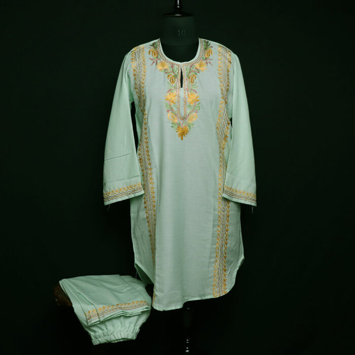 Pastel Green Harud Kashmiri Summer Co-ord Set with Aari Work