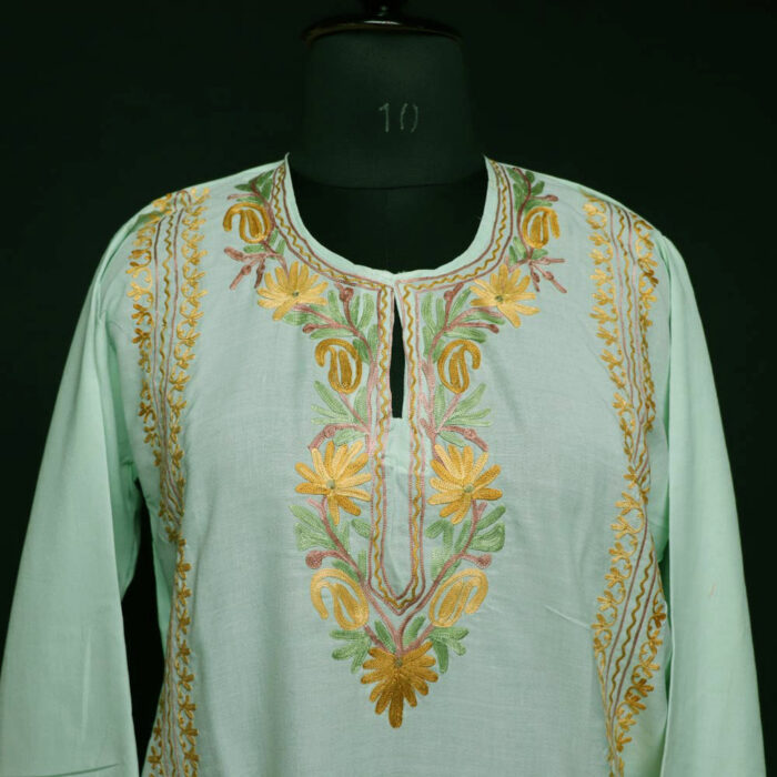 Pastel Green Harud Kashmiri Summer Co-ord Set with Aari Work - Image 2