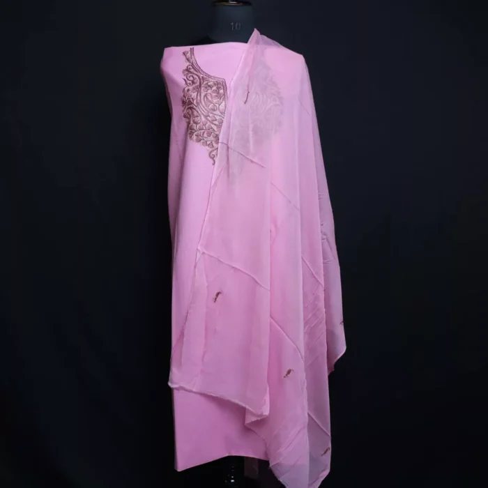 Pink Kashmiri Aari Handwork Cotton Suit with Dupatta - Image 3