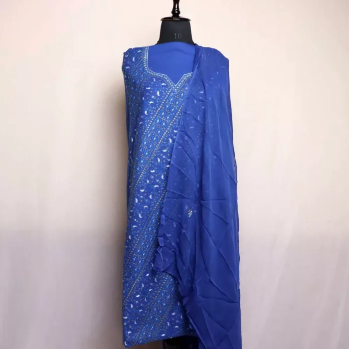 Blue Kashmiri Sozni Jal Handwork Cotton Suit with Dupatta - Image 2