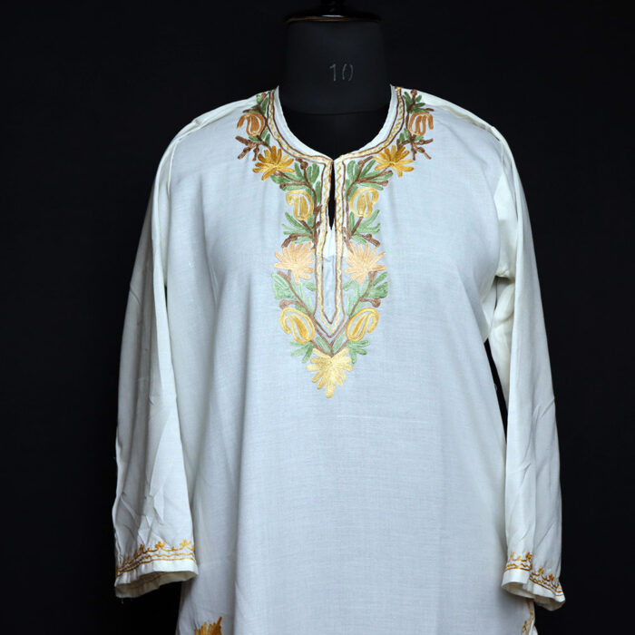 White Imaan Kashmiri Summer Kurti with Beautiful Aari Naal and Daman Work - Image 2