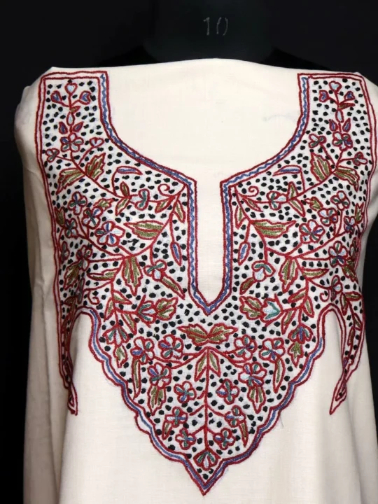White Kashmiri Aari Handwork Cotton Suit with Dupatta