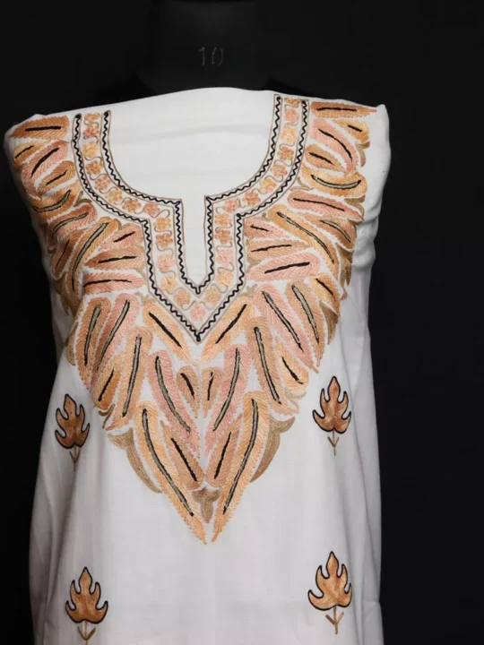 White Cotton Aari Zari Work Kashmiri Suit