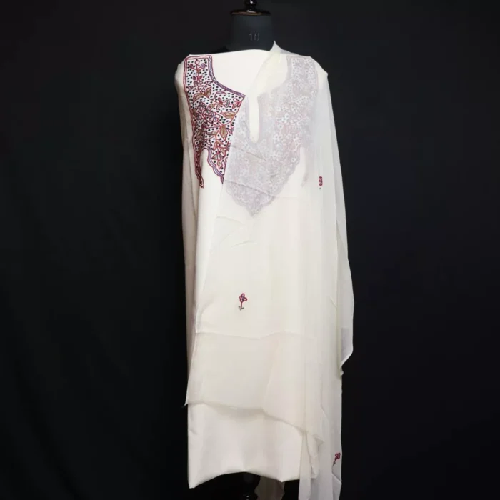 White Kashmiri Aari Handwork Cotton Suit with Dupatta - Image 3