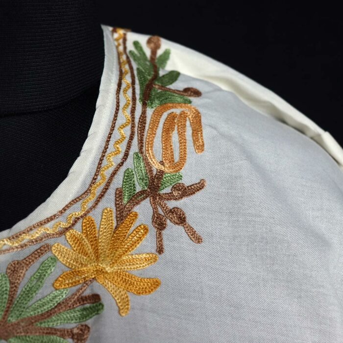 White Imaan Kashmiri Summer Kurti with Beautiful Aari Naal and Daman Work - Image 3