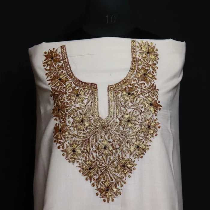 White  Cotton Tilla Work Kashmiri Kameez Shalwar Suit - Image 3