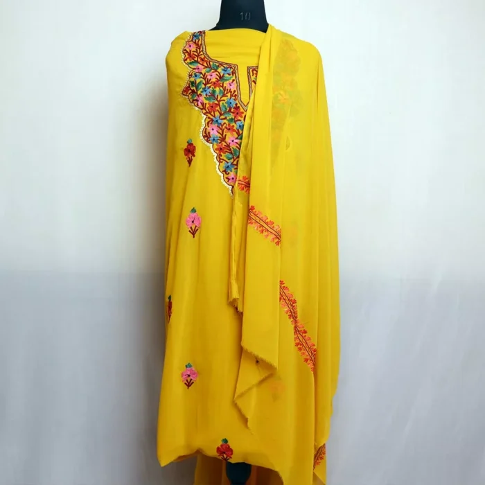 Sunny Yellow Kashmiri Georgette Ladies Suit: Unstitched with Aari and Zari Embellishments