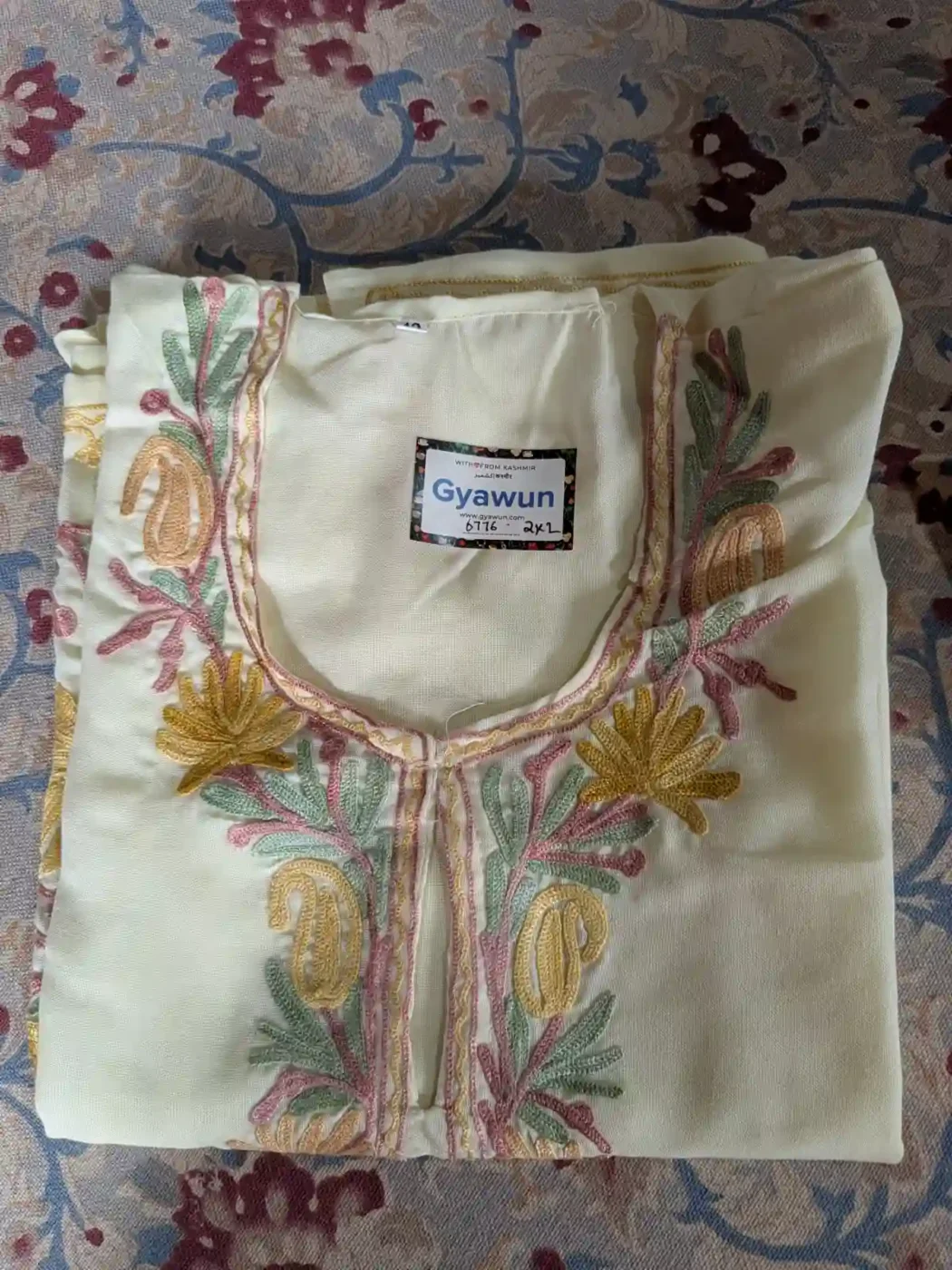 Light yellow Imaan Kashmiri Summer Kurti with Beautiful Aari Naal and Daman Work - Image 2