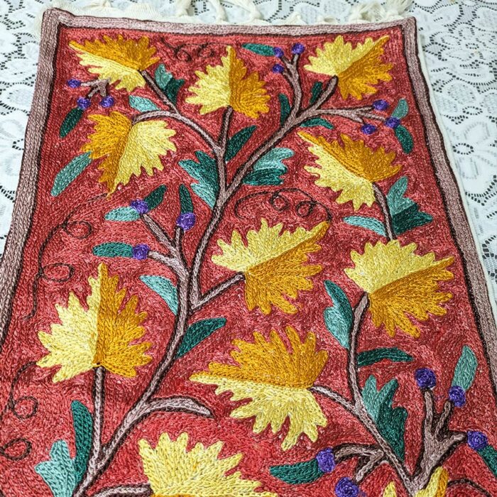 Red Chainstitch Silk Handmade Runner 4×1ft - Image 3