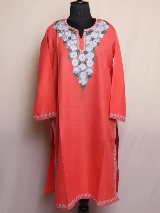 Peach Kashmiri Cotton Kurta with Aari Embroidery