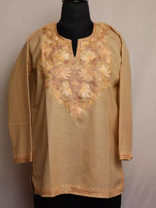 Golden Brown Short Cotton Kurta with Aari Embroidery