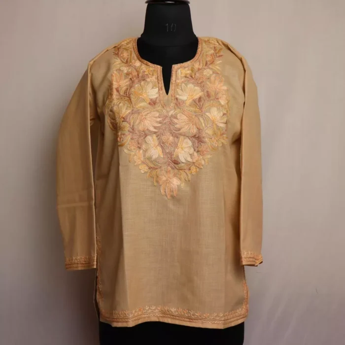 Golden Brown Short Cotton Kurta with Aari Embroidery