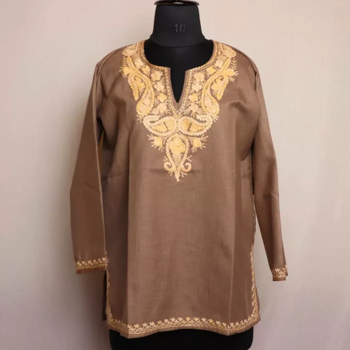 Beige Muskan Kashmiri Short Cotton Kurti with Aari Embroidery