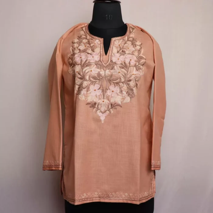 Peach Shah Kashmiri Short Cotton Kurti with Aari Embroidery
