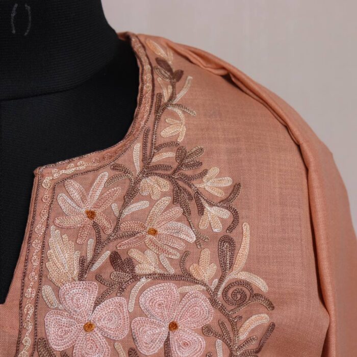 Peach Shah Kashmiri Short Cotton Kurti with Aari Embroidery - Image 2