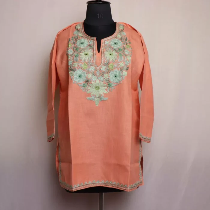 Peach Imaan Short Kashmiri Cotton Kurti with Aari Embroidery