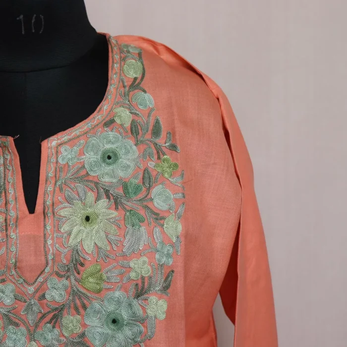 Peach Imaan Short Kashmiri Cotton Kurti with Aari Embroidery - Image 2