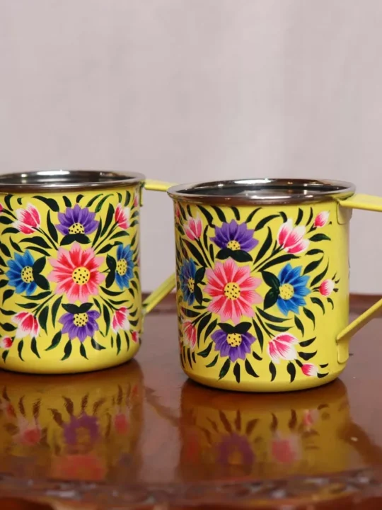 Kashmiri Yellow Hand Painted Set of 2 Mugs - Stainless Steel