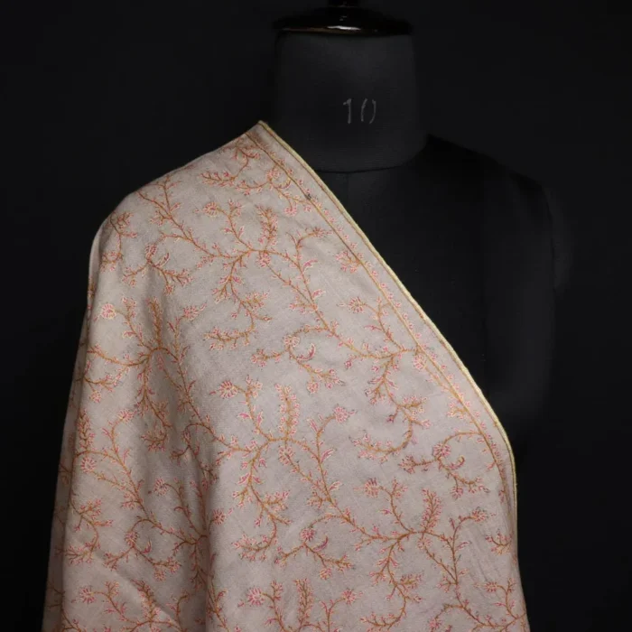 Natural Beige Pure Pashmina Sozni Hand Work Stole - Image 2