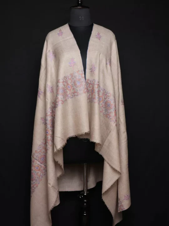 Pashmkar Natural Color Pashmina Sozni Hand Work Shawl