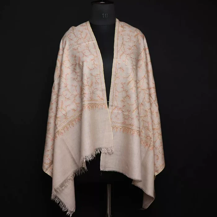 Natural Beige Pure Pashmina Sozni Hand Work Stole