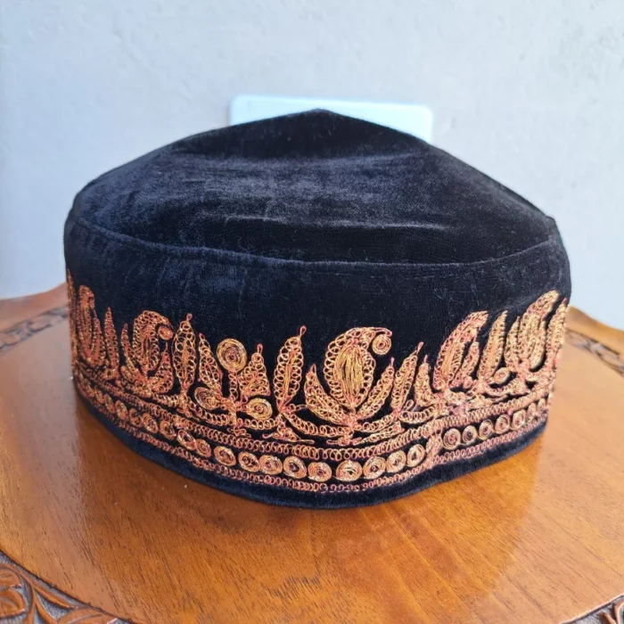 Black Golden Badam Tilla Velvet Cap