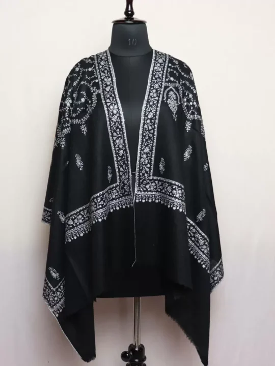 Black Pure Pashmina Sozni Hand Work Stole