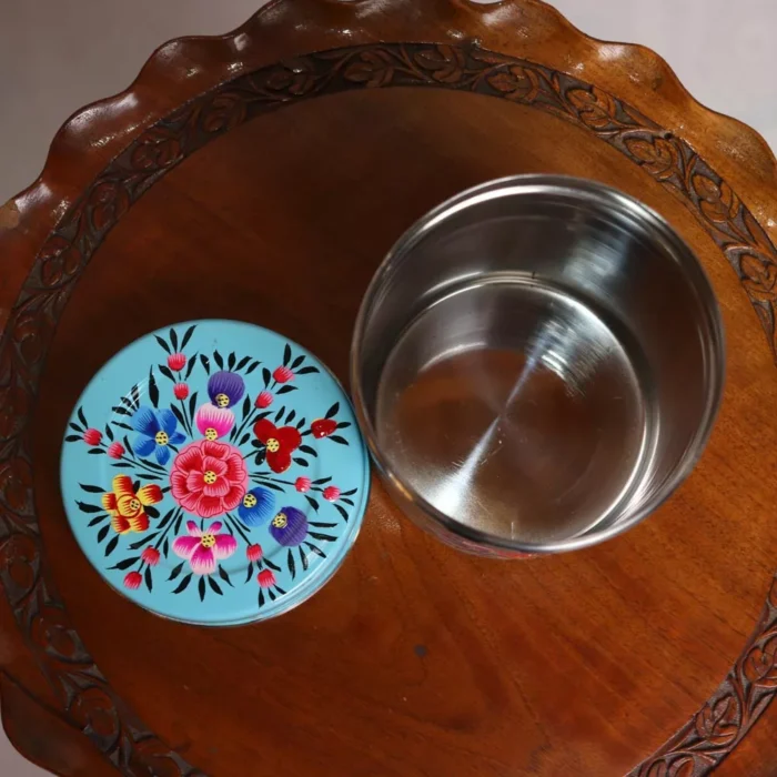 Blue Kashmiri Hand Painted Stainless Canister - Image 3
