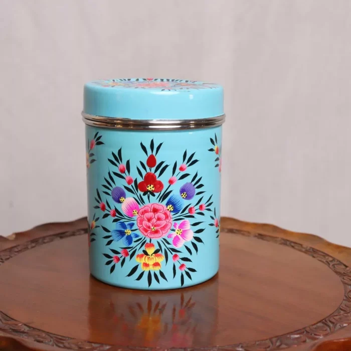 Blue Kashmiri Hand Painted Stainless Canister