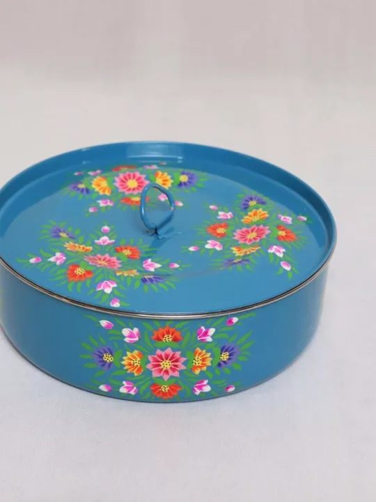 Blue Stainless Steel Masala Box, Hand-Painted with Kashmiri Enamelware Techniques