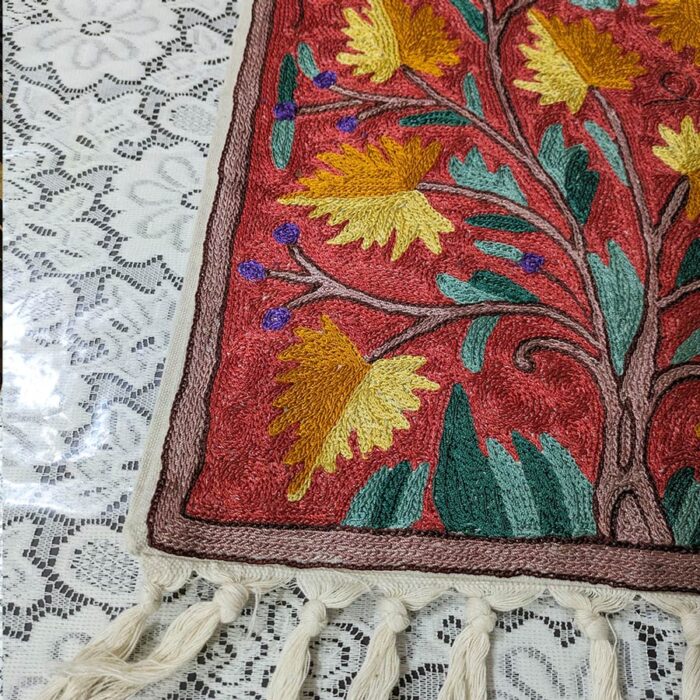 Red Chainstitch Silk Handmade Runner 4×1ft - Image 2