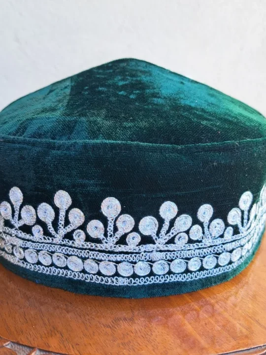 Dark Green Silver Tilla Velvet Cap